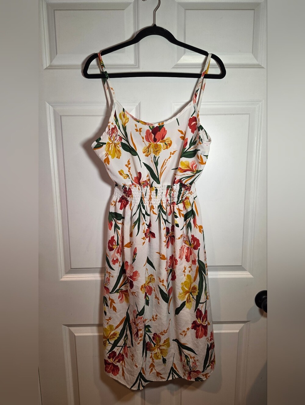 Shein Floral Spaghetti-Strap White Sundress Yellow & Red Blooms Semi Sheer XL